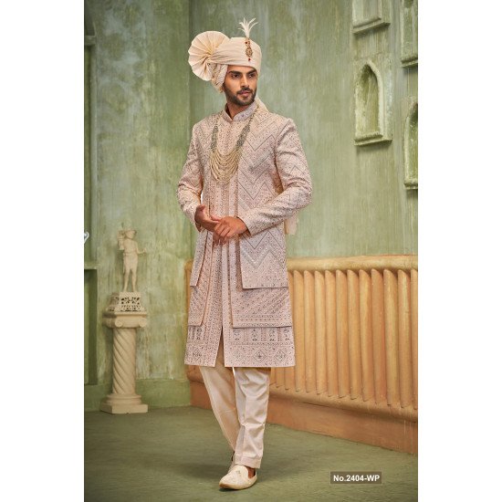 Designer Light Peach Three Layer Sherwani For Groom 
