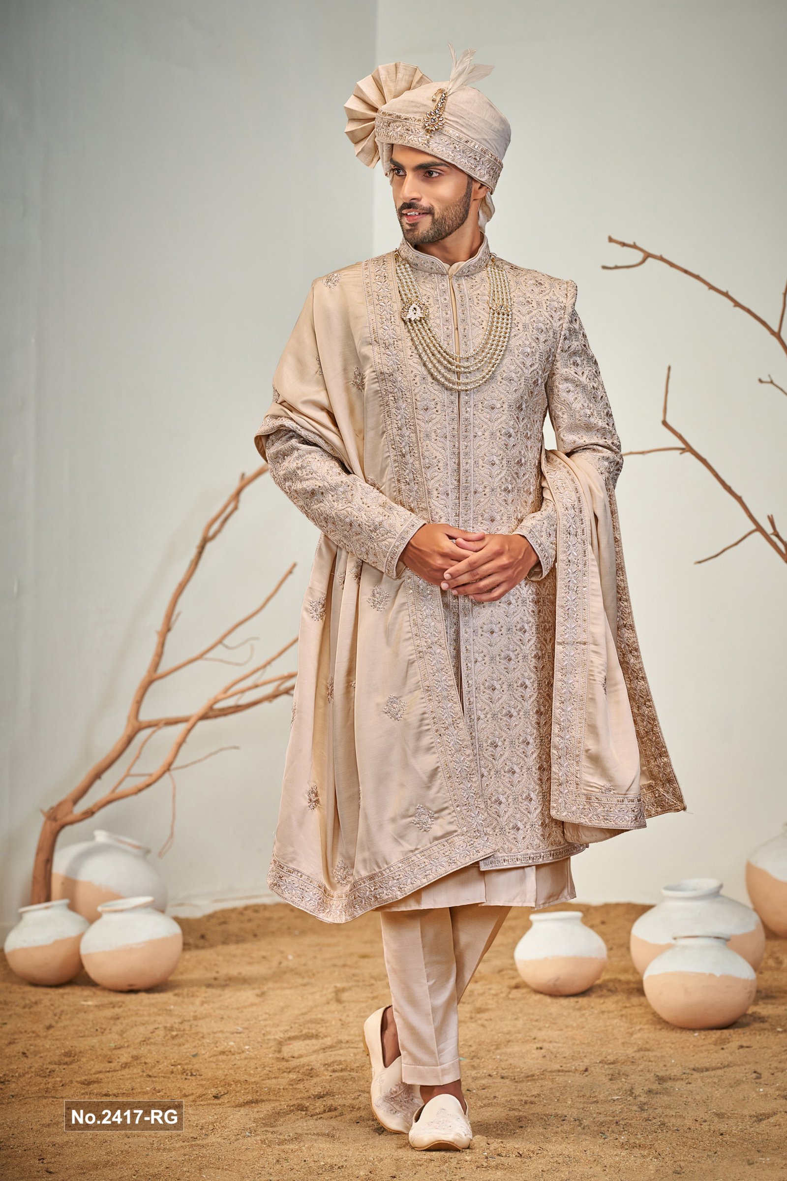 Designer Beige Achkan Pattern Stone & Sequence Work Sherwani For Groom