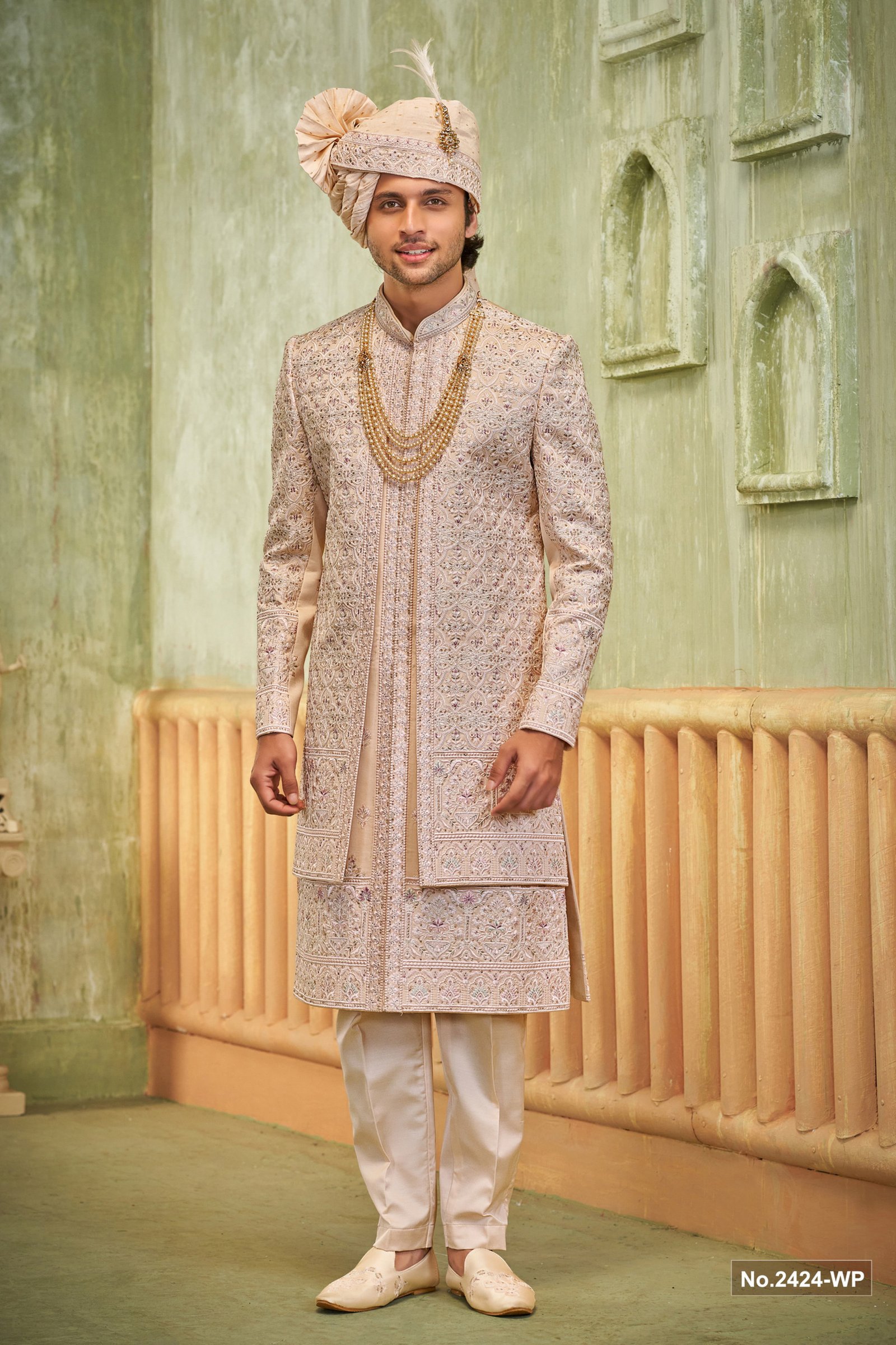 Designer Beige Colored Double Pattern Wedding Sherwani For Men