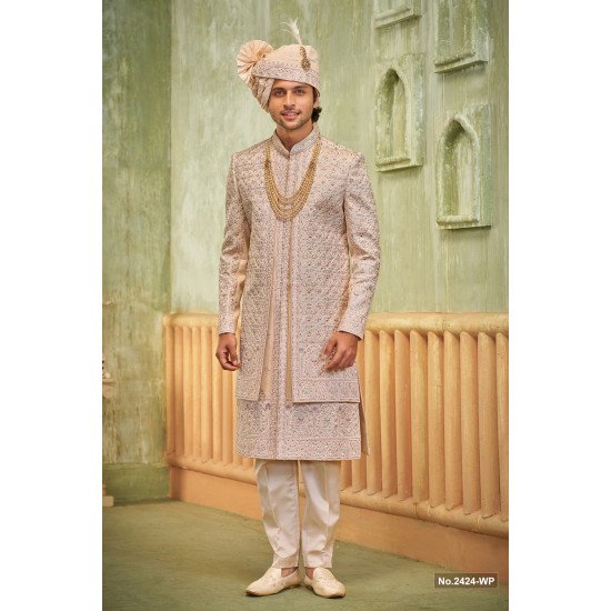 Designer Beige Colored Double Pattern Wedding Sherwani For Men