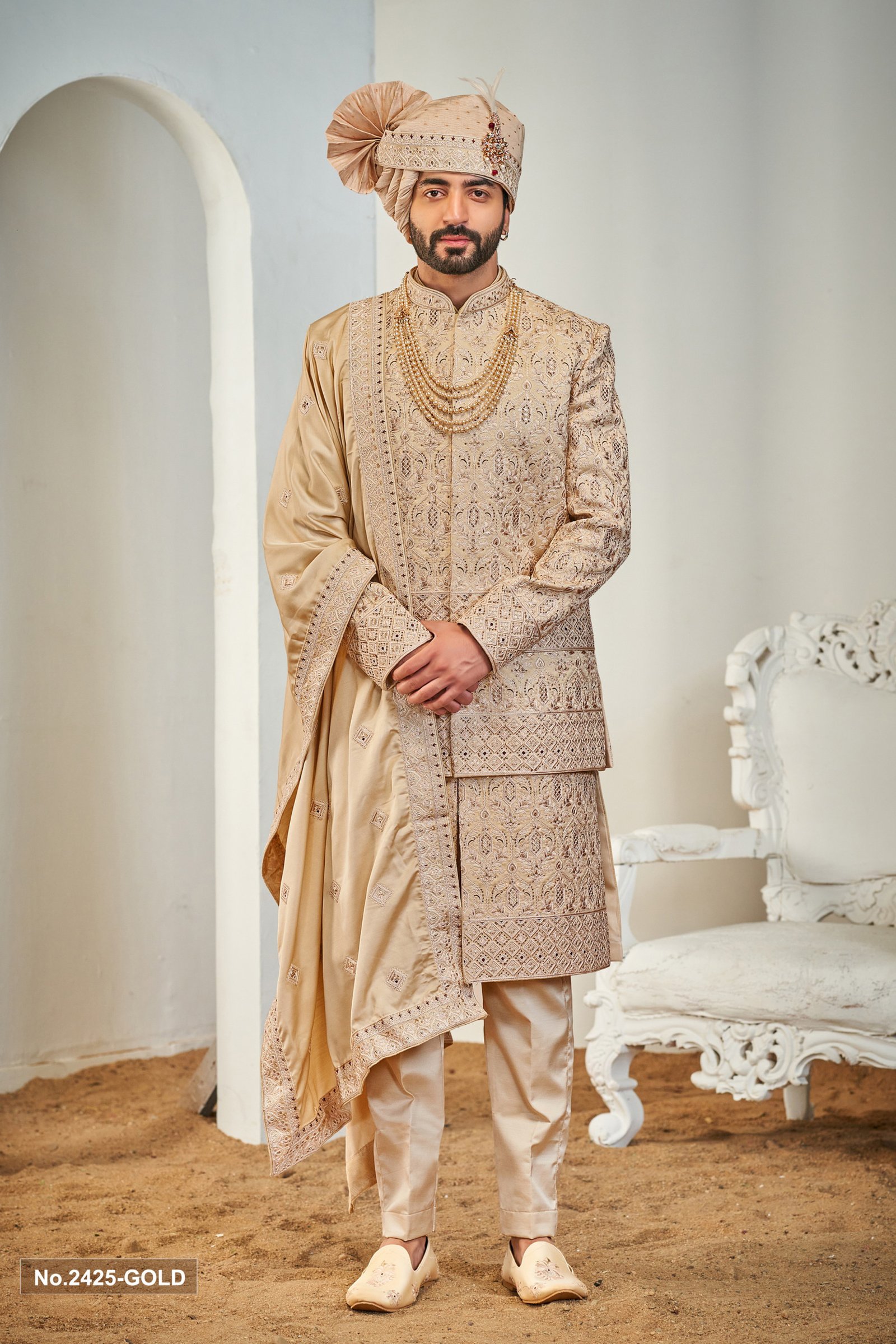 Designer Gold Double Pattern Sherwani For Groom