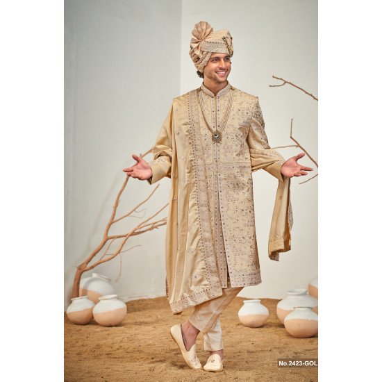 Designer Gold Achkan Pattern Sherwani For Wedding