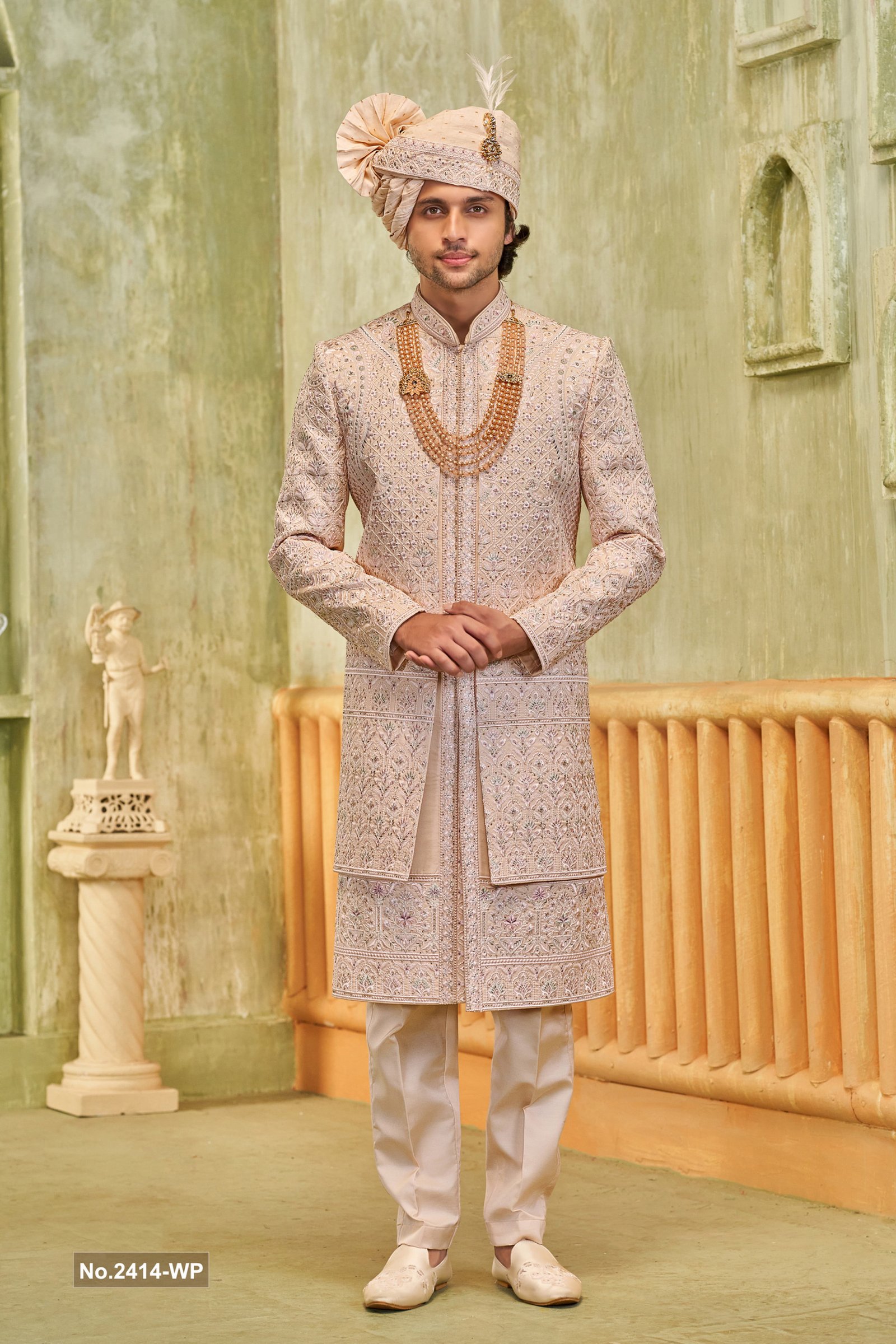 Designer Light Peach Double Pattern Wedding Sherwani For Groom 