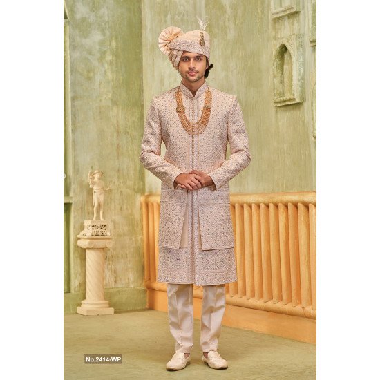 Designer Light Peach Double Pattern Wedding Sherwani For Groom 