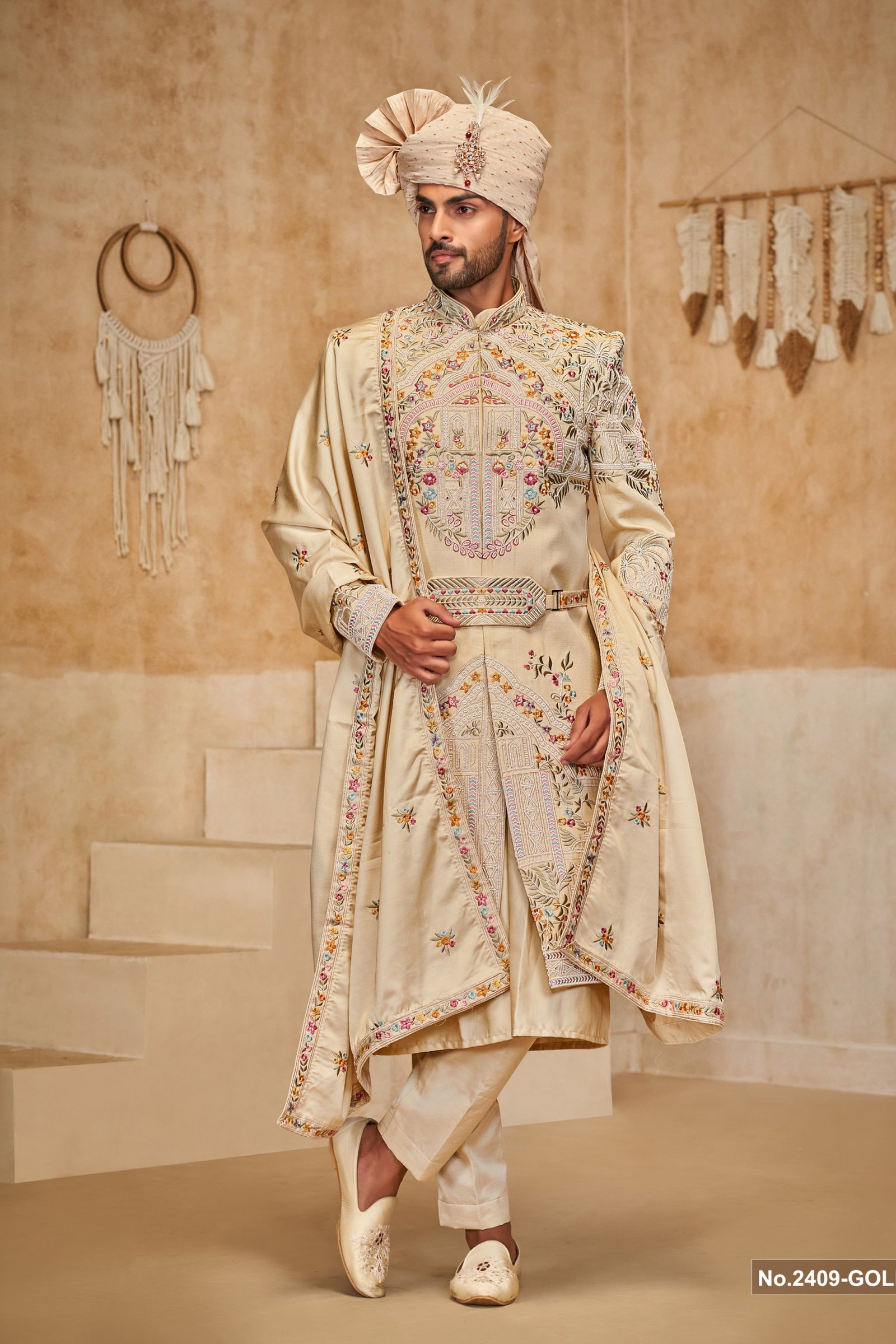 Designer Muticolor Embroidery Work Belt Pattern Sherwani For Groom