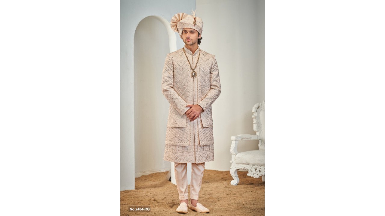 Designer Beige Color Three Layer Groom Sherwani 