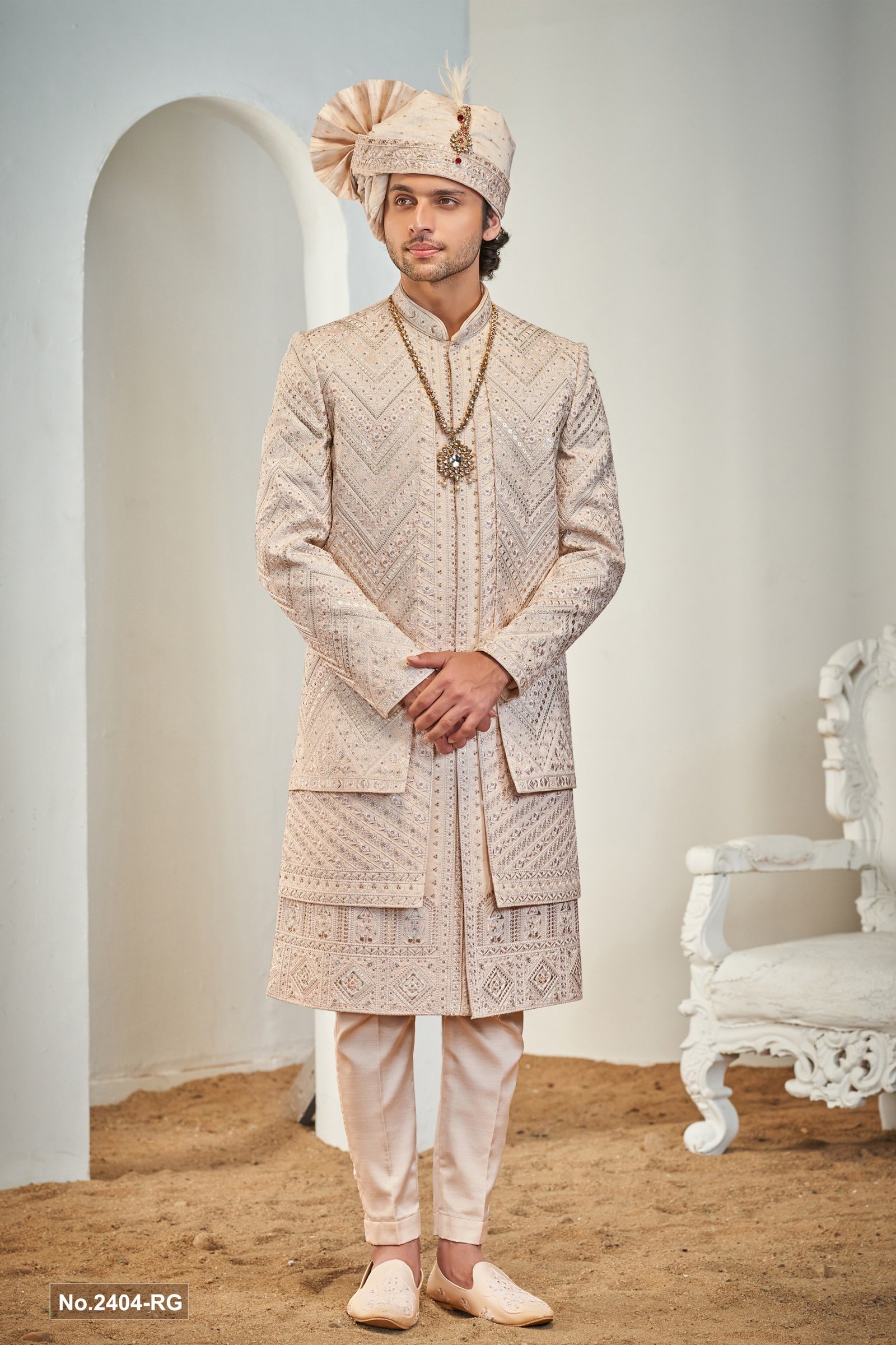 Designer Beige Color Three Layer Groom Sherwani 