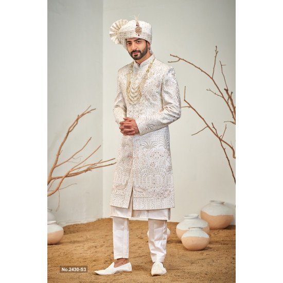 Designer White Peach Embrodery & Stone Work Sherwani For Groom 