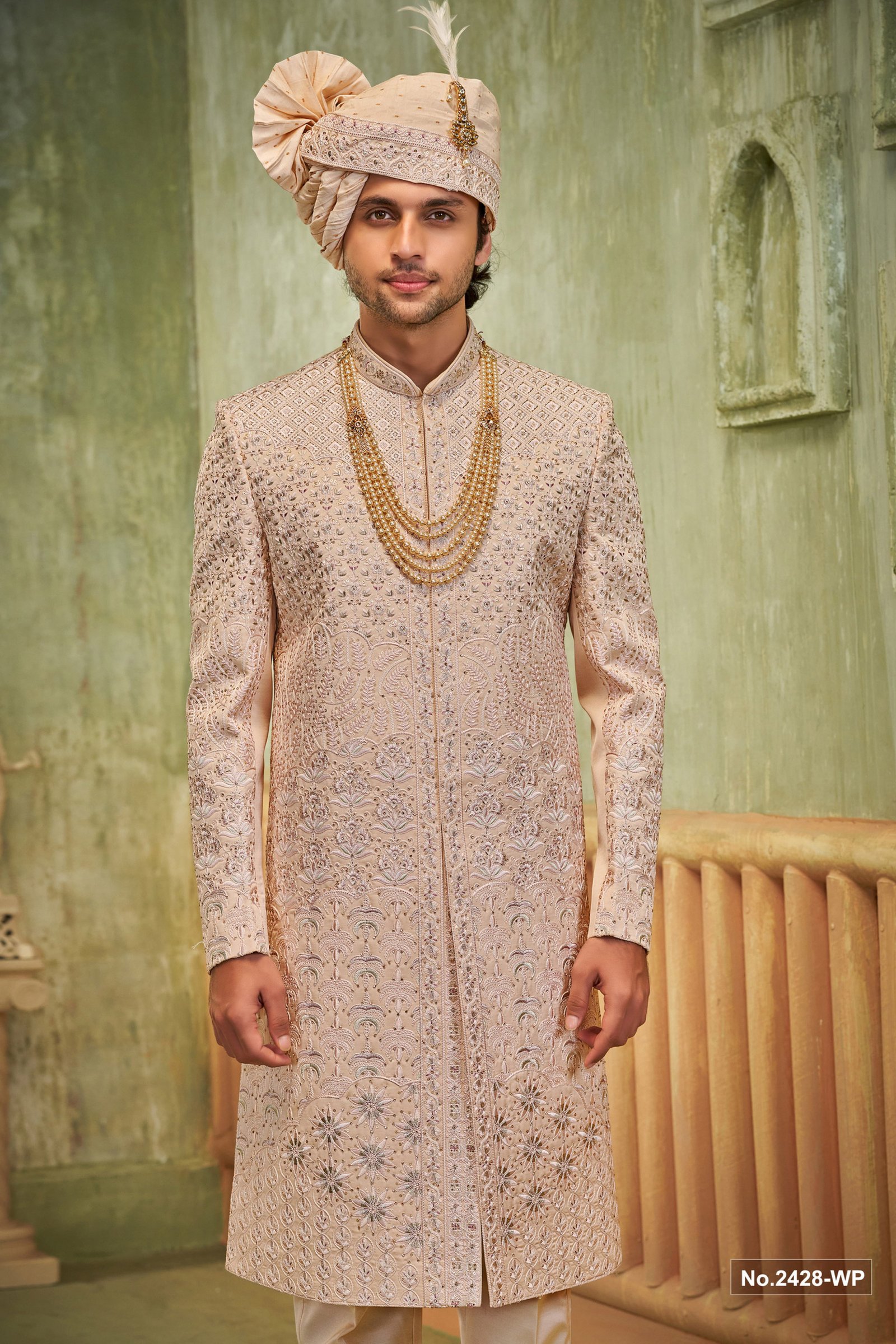 Designer Beige Achkan Pattern Sequence Stone Work Sherwani For Groom