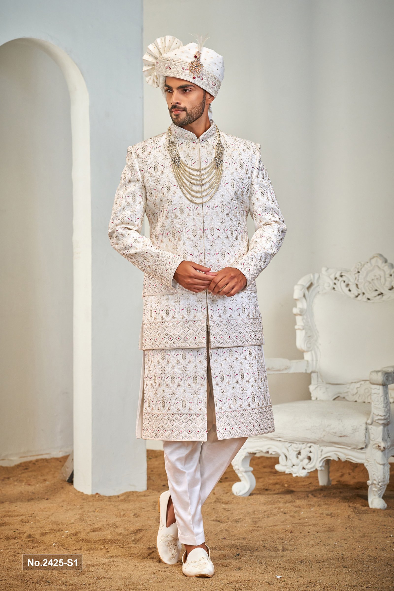 Designer White Three Layer Rani Touch Sherwani For Groom