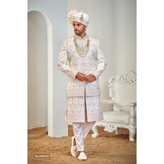 Designer White Three Layer Rani Touch Sherwani For Groom