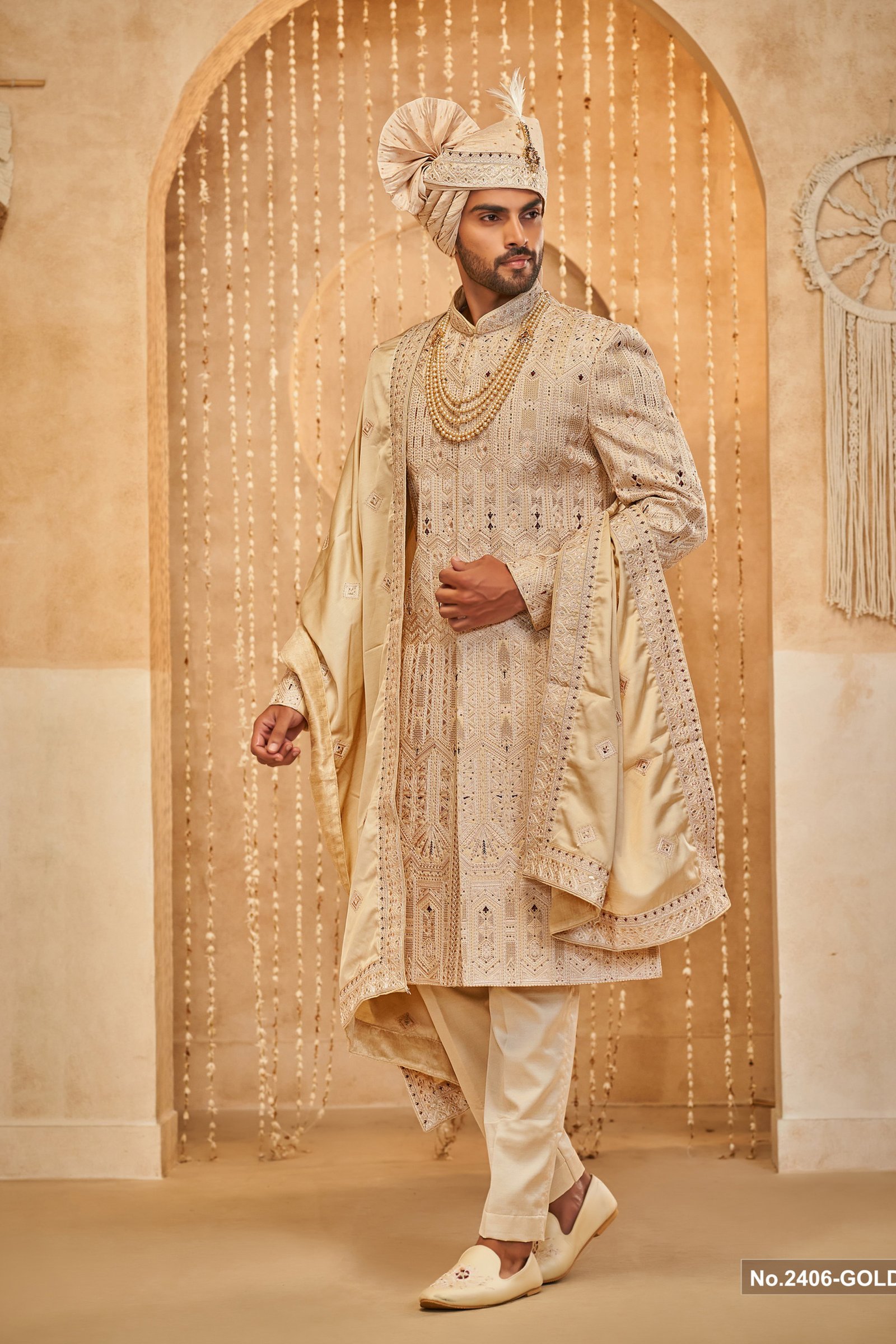 Designer Gold Achkan Pattern Mehroon Touch Sherwani For Groom 