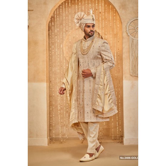 Designer Golden Color Mehroon Touch Wedding Sherwani