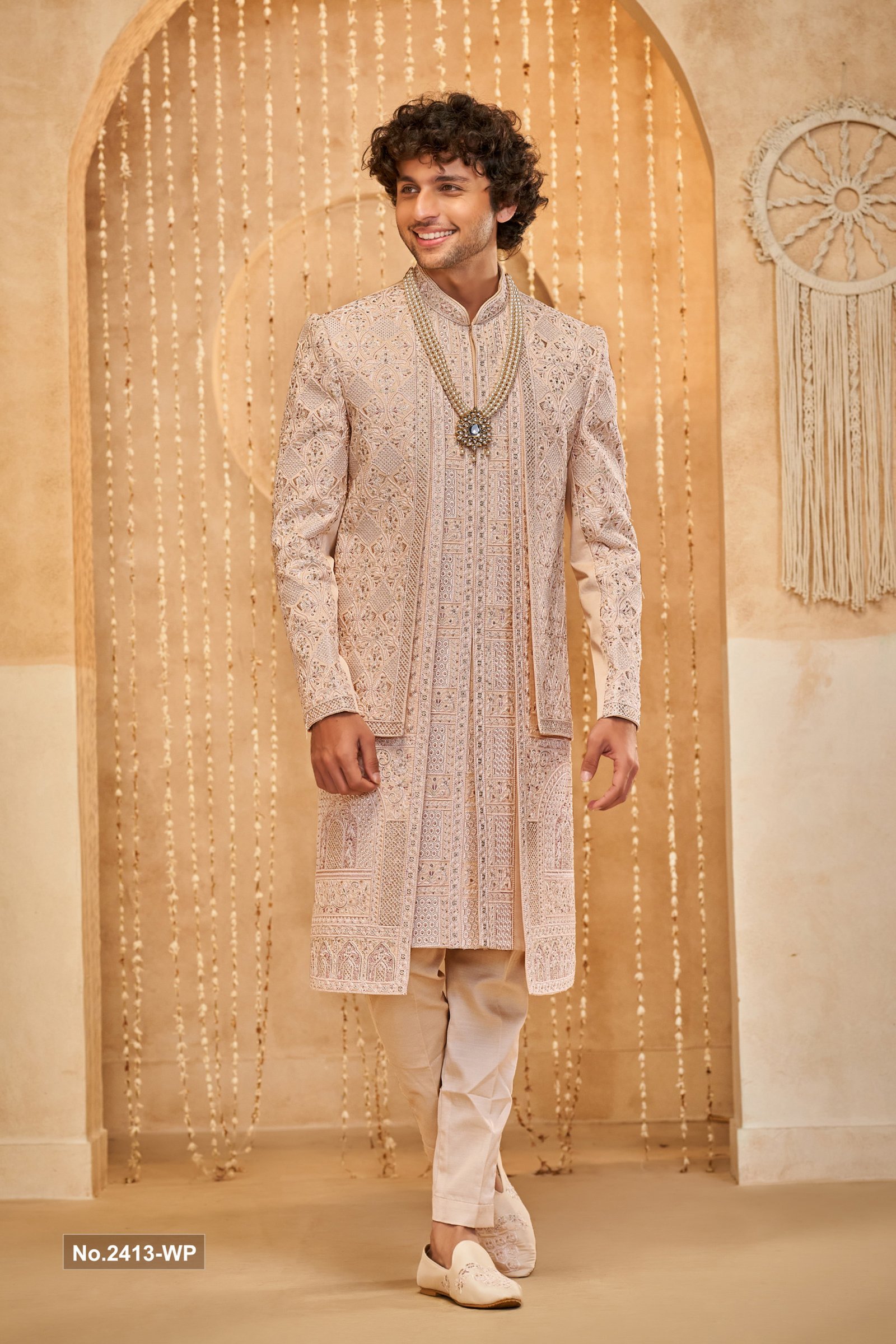 Designer Beige Color Three Layered Wedding Sherwani For Men