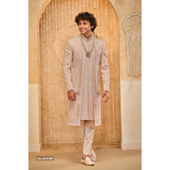 Designer Beige Color Three Layered Wedding Sherwani For Men