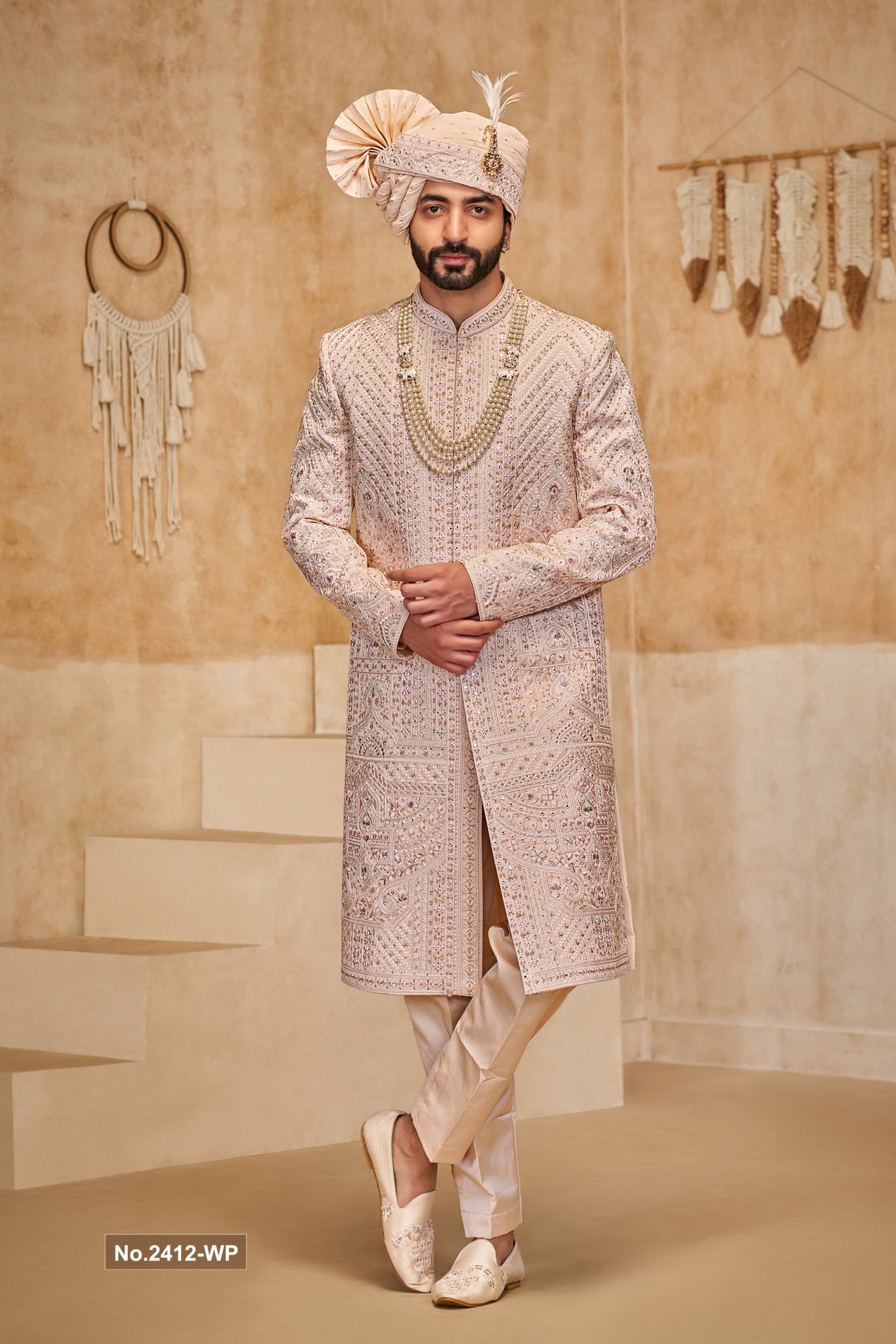 Designear Beige Achkan Pattern Mirror Work Sherwani For Groom