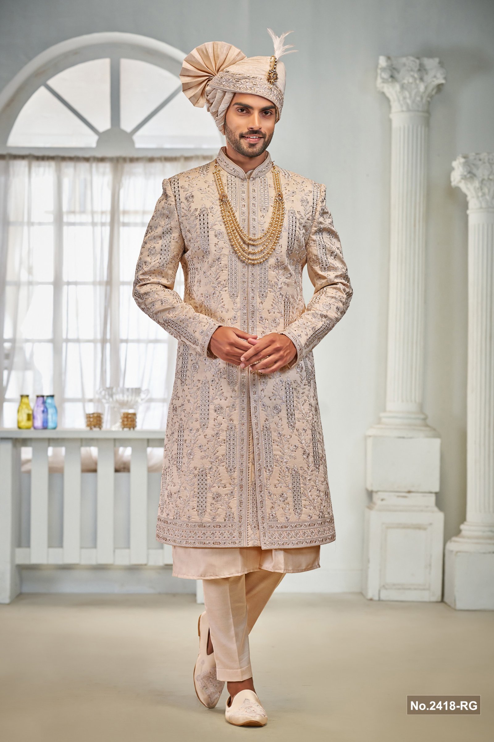 Designer Beige Achkan & Kutra Style Sherwani With For Groom