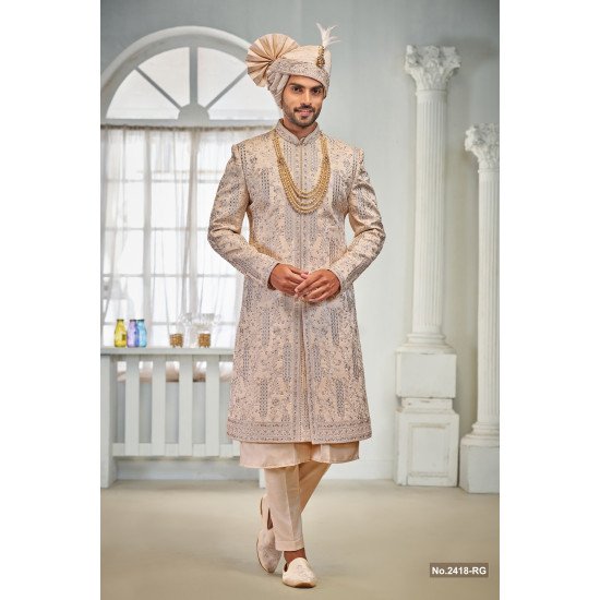 Designer Beige Achkan & Kutra Style Sherwani With For Groom