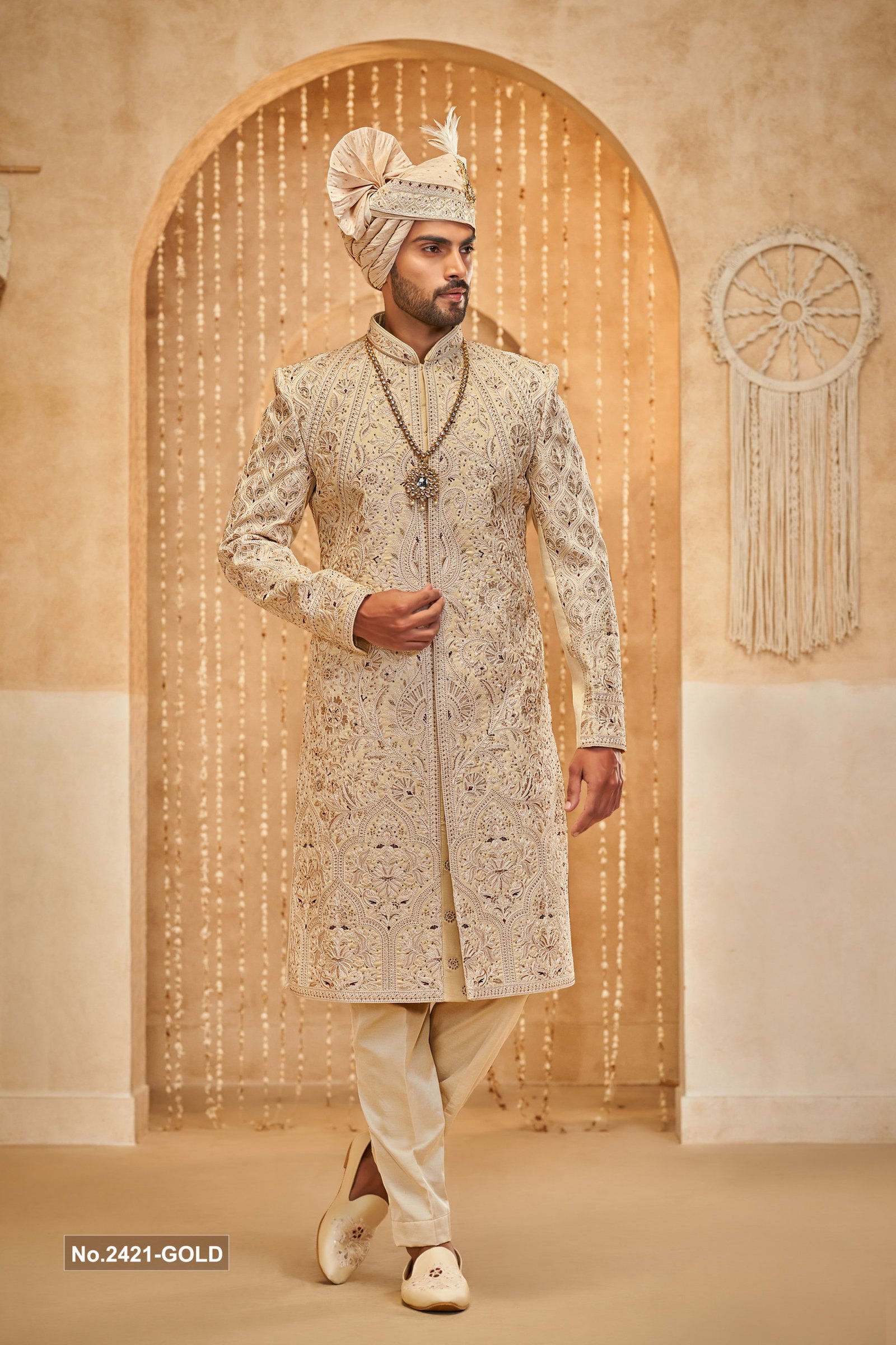 Designer Gold Achkan Pattern Mehroon And Stone Touch Sherwani For Groom 