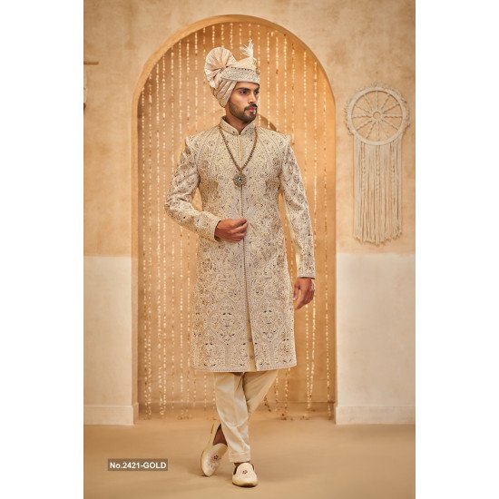 Designer Gold Achkan Pattern Mehroon And Stone Touch Sherwani For Groom 