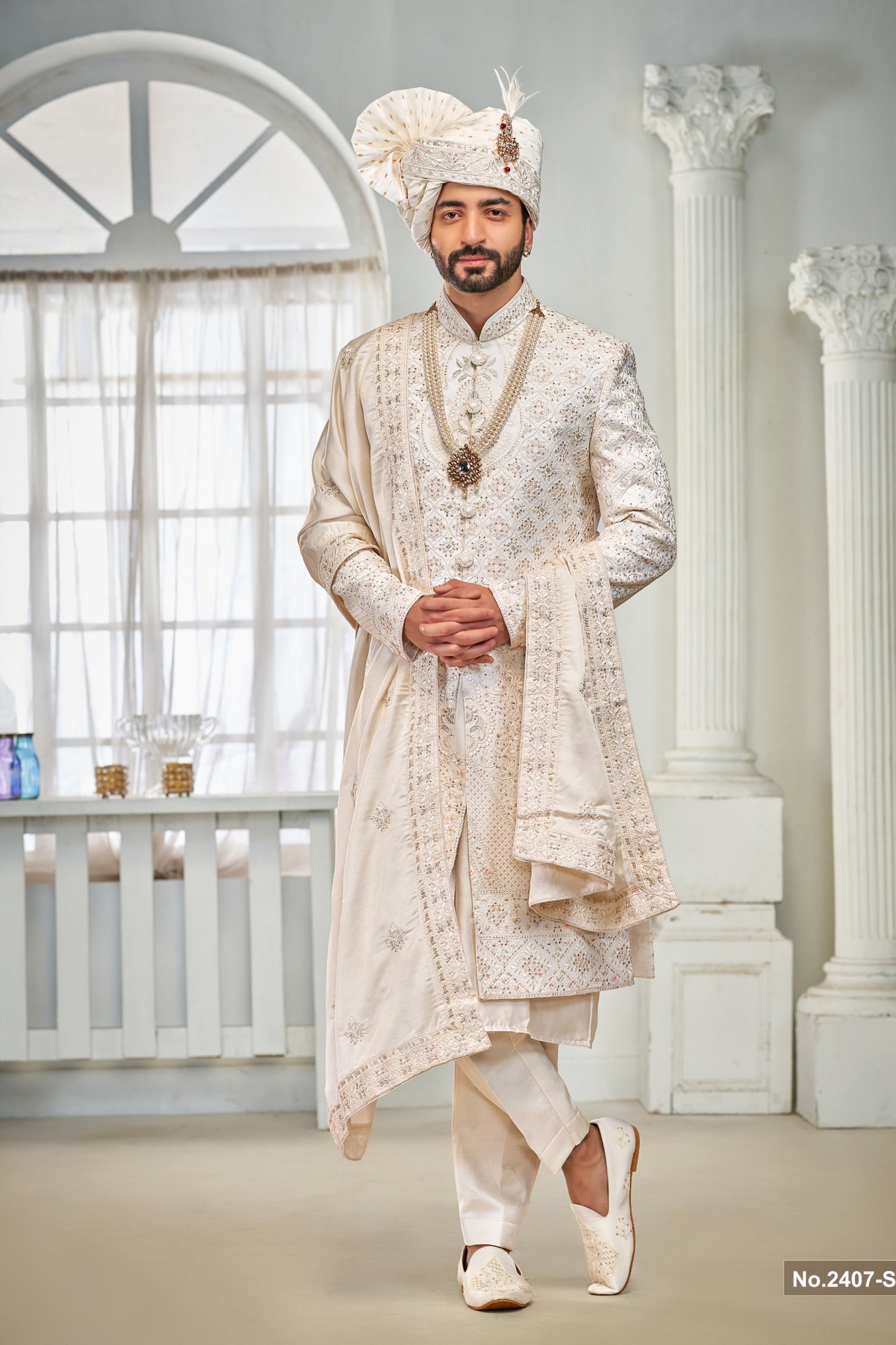 Designer Off White Stone & Sequence Work Wedding Sherwani For Men