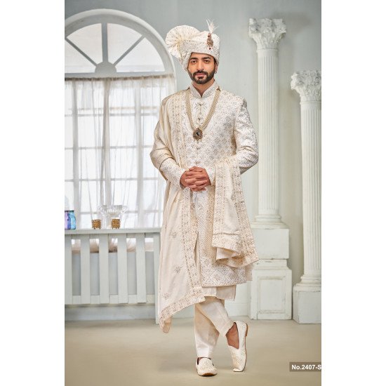Designer Off White Stone & Sequence Work Wedding Sherwani For Men