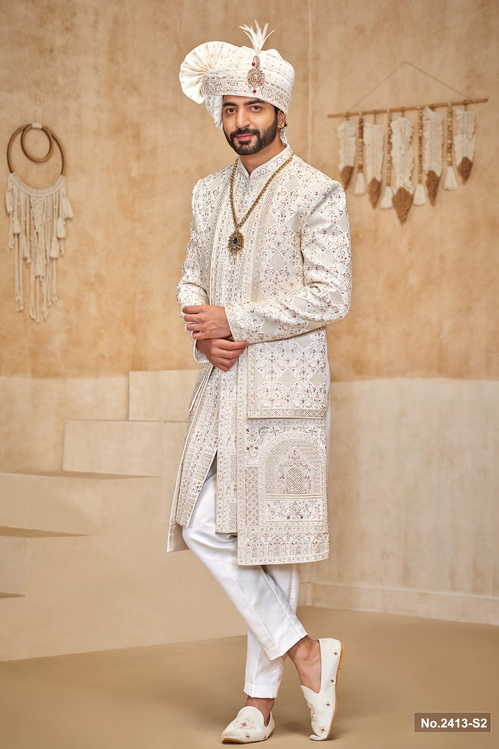 Designer Multi Layer Mehroom Touch Wedding Sherwani For Groom