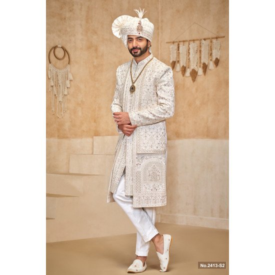 Designer Multi Layer Mehroom Touch Wedding Sherwani For Groom