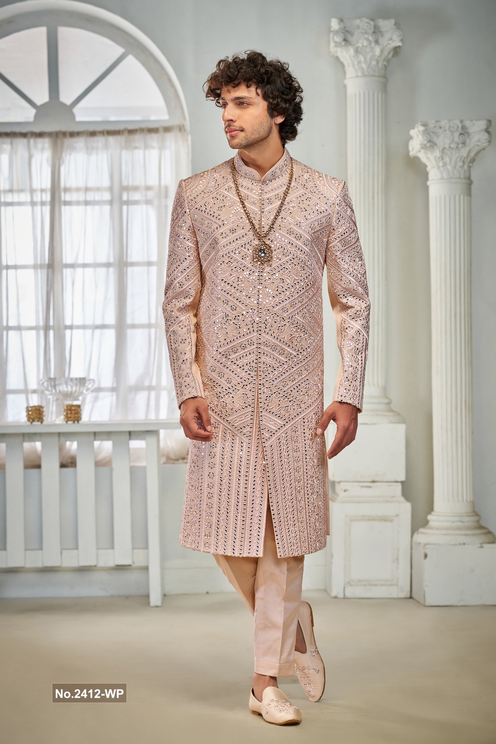 Designer Peach Mirror Work Sherwani For Groom