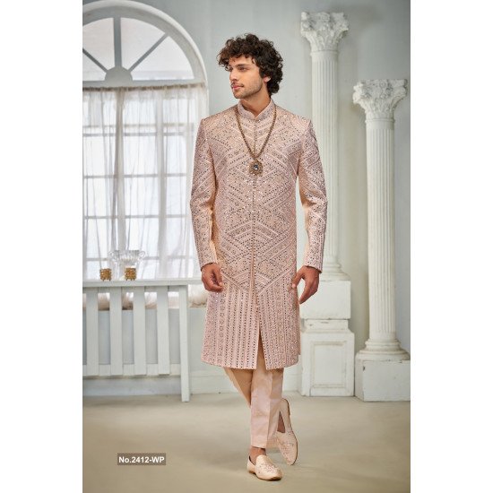 Designer Peach Mirror Work wedding Sherwani For Groom
