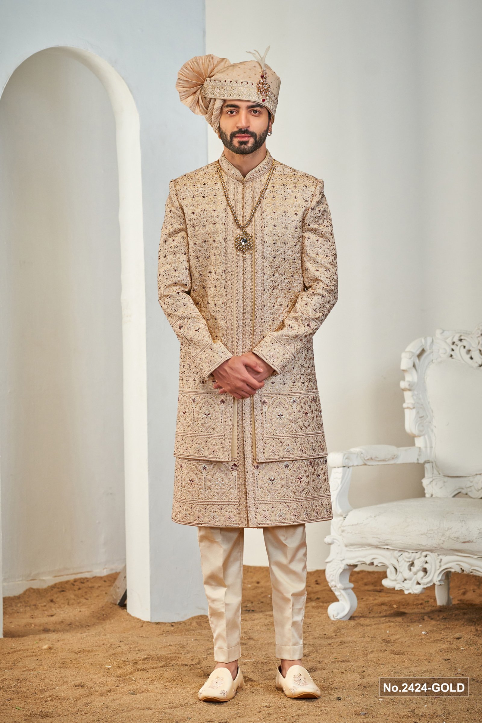 Designer Gold Meroon & Peach Embroidery Touch Double Pattern Sherwani 