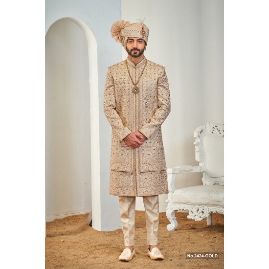 Designer Gold Meroon & Peach Embroidery Touch Double Pattern Sherwani 