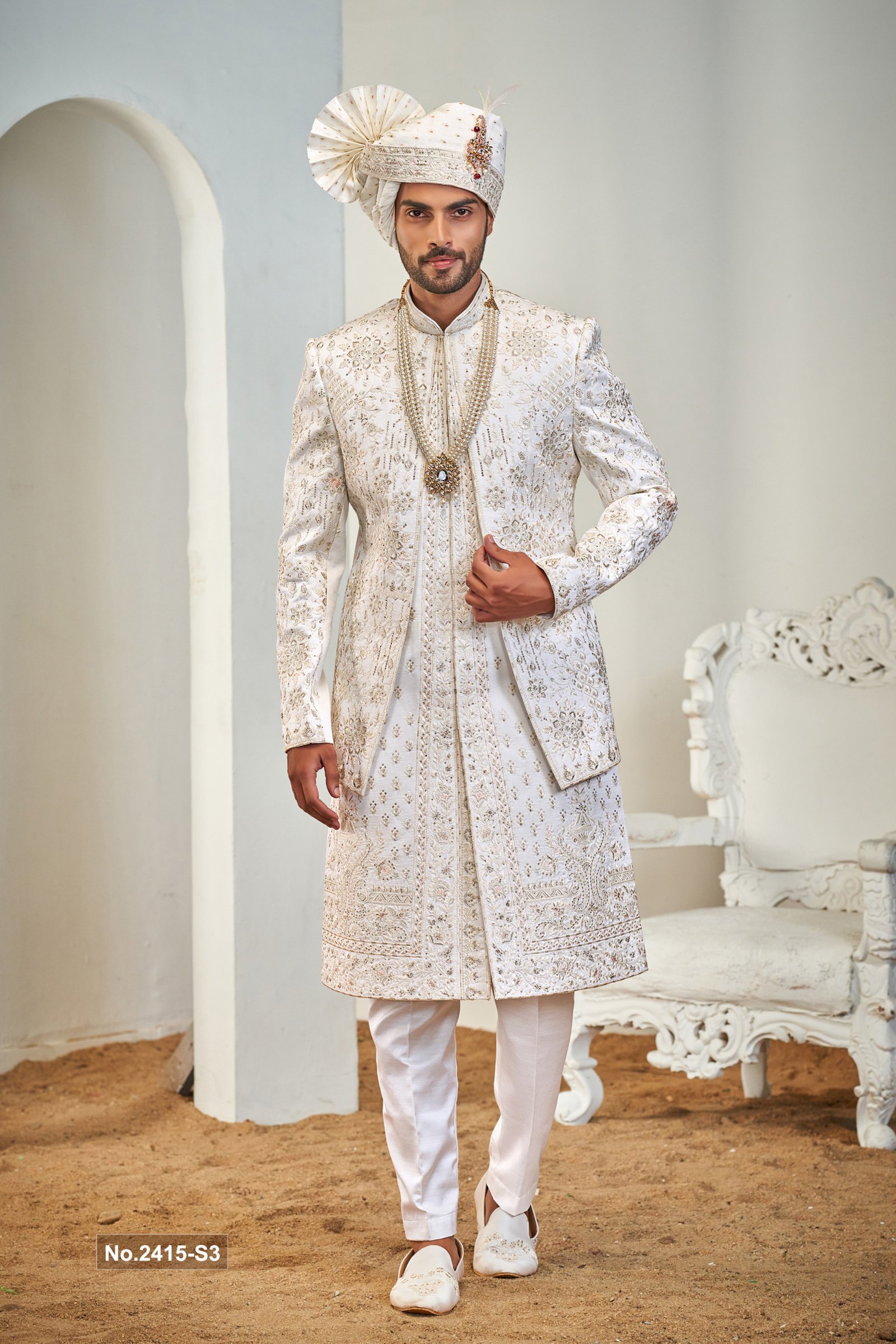 Designer White Peach Embroidery Touch & Stone Work Sherwani For Groom 