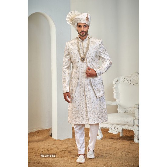 Designer White Peach Touch Wedding Sherwani