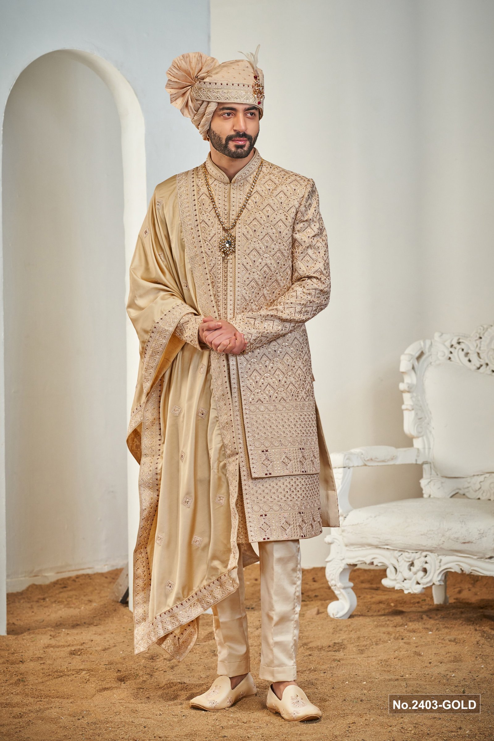Designer Beige Color With Mehroon Touch Double Pattern Groom Sherwani 