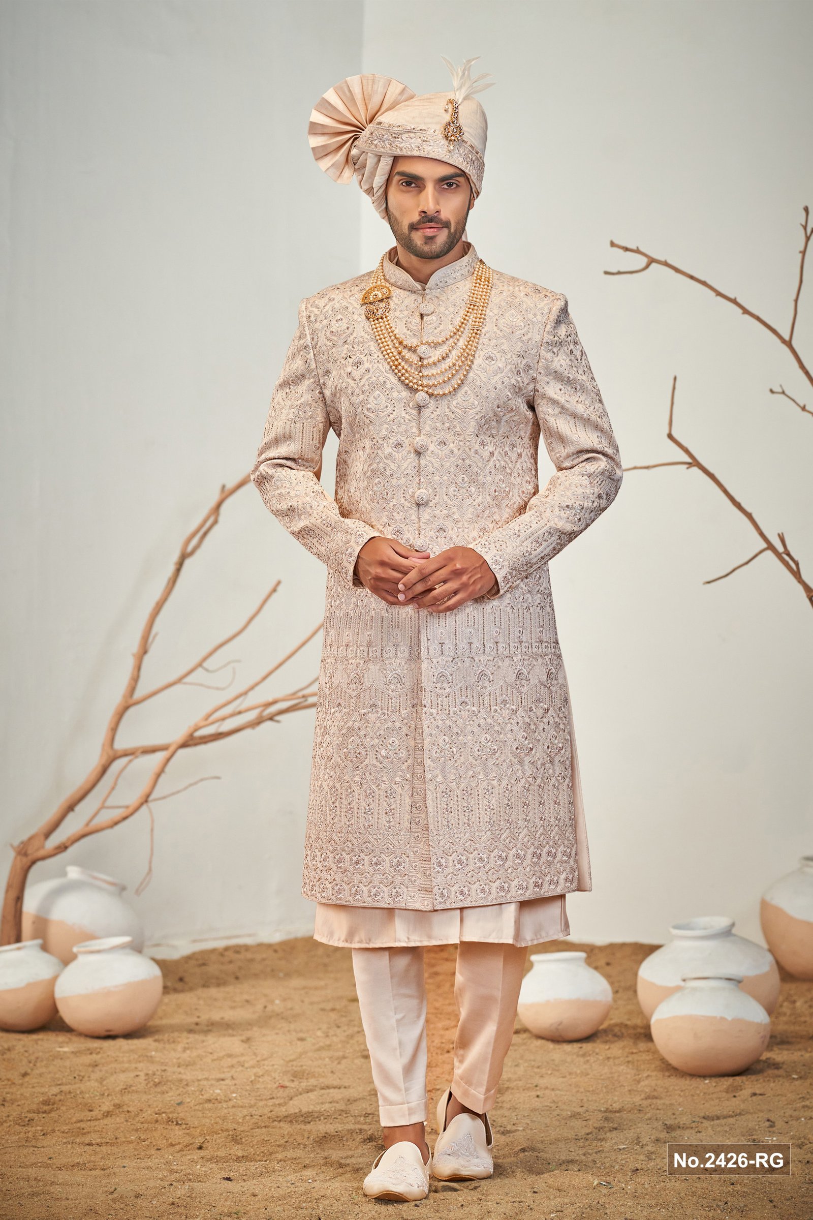 Designer Pink Stone Work Wedding Sherwani