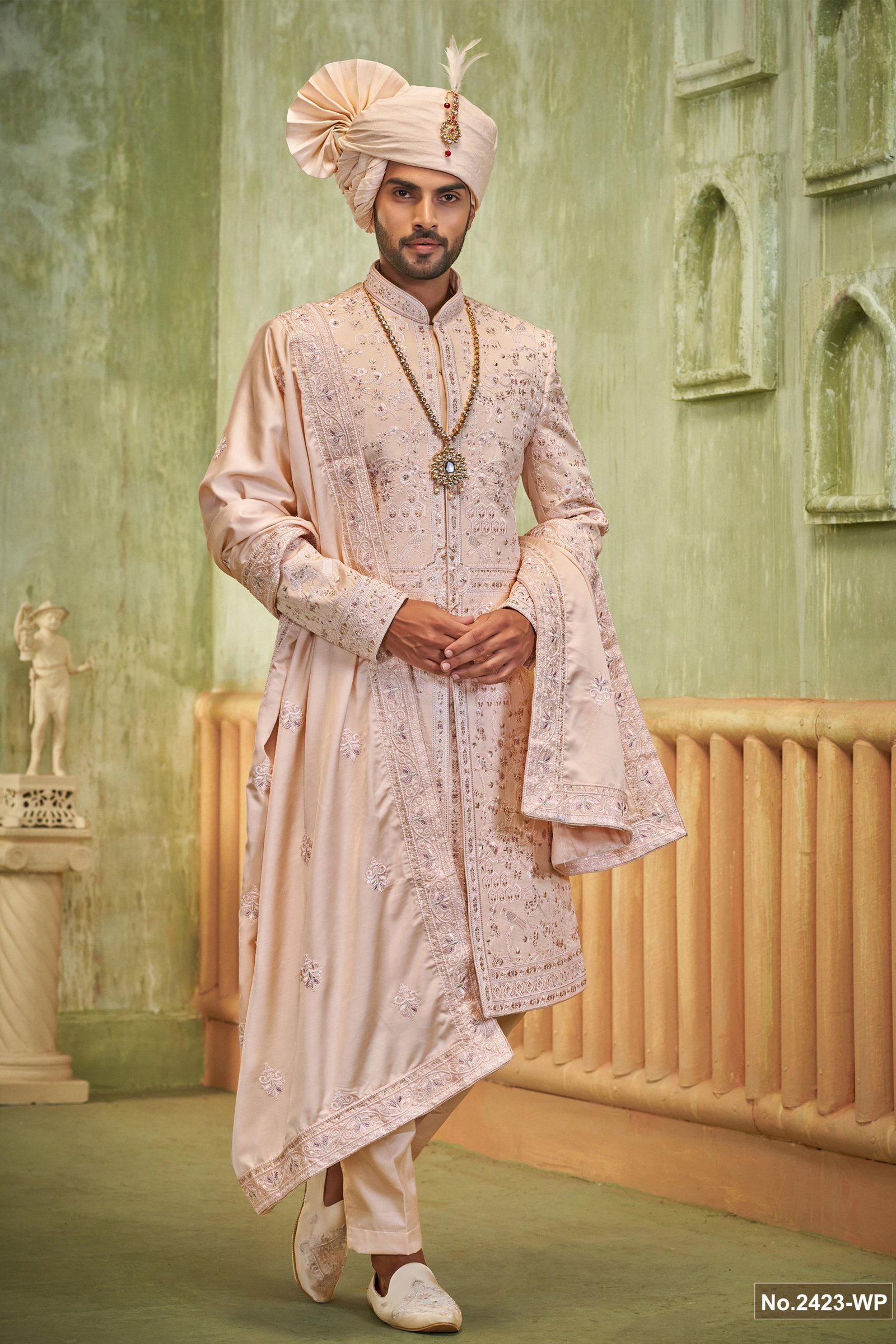 Desiger Peach Color Achkan Pattern Sherwani For Wedding 