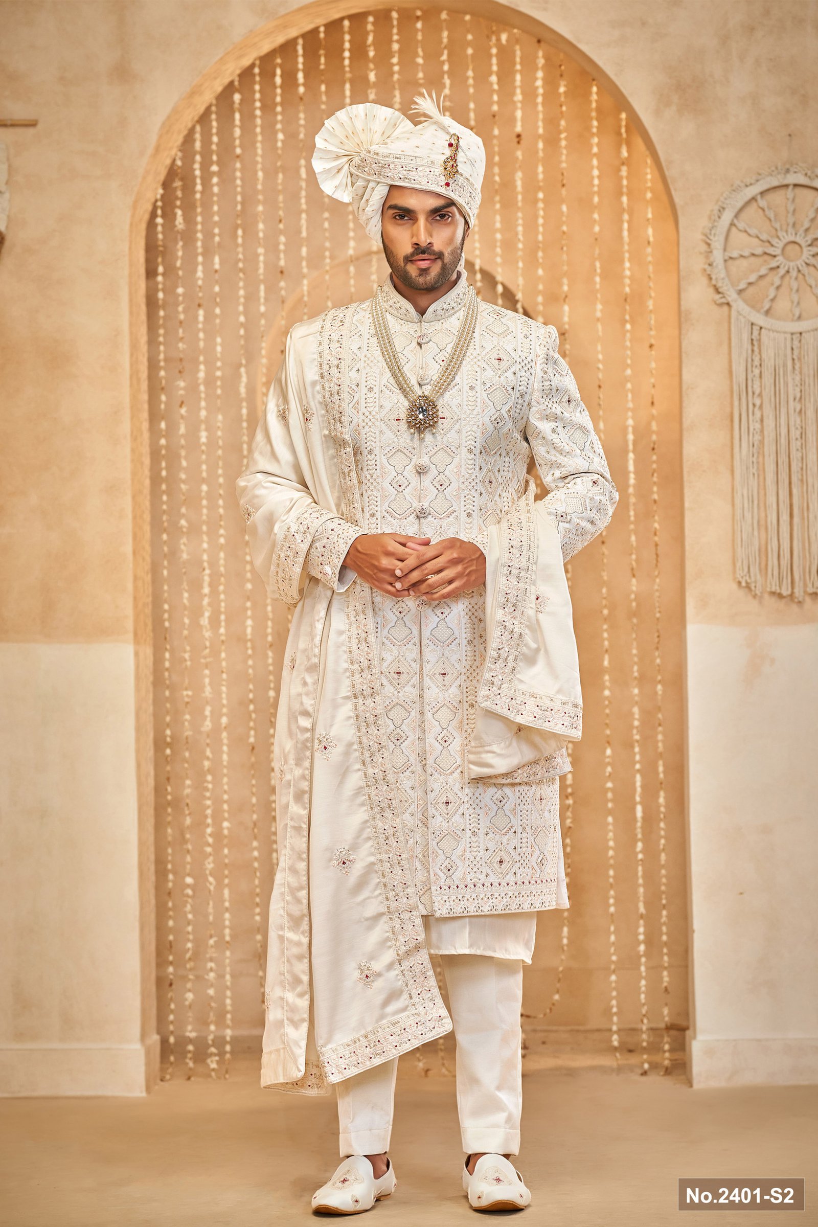 Designer Off White Achkan Pattern Stone Work Wedding Sherwani