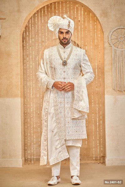 Designer Off White Achkan Pattern Stone Work Wedding Sherwani