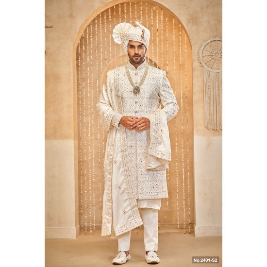 Designer Off White Achkan Pattern Stone Work Wedding Sherwani
