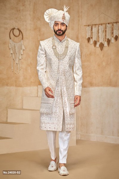 Designer Mehroon Touch Stone Work Double Pattern Groom Sherwani