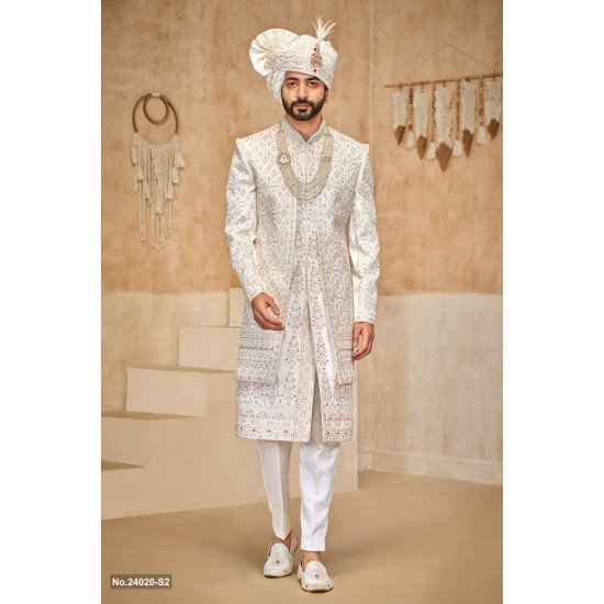 Designer Mehroon Touch Stone Work Double Pattern Groom Sherwani