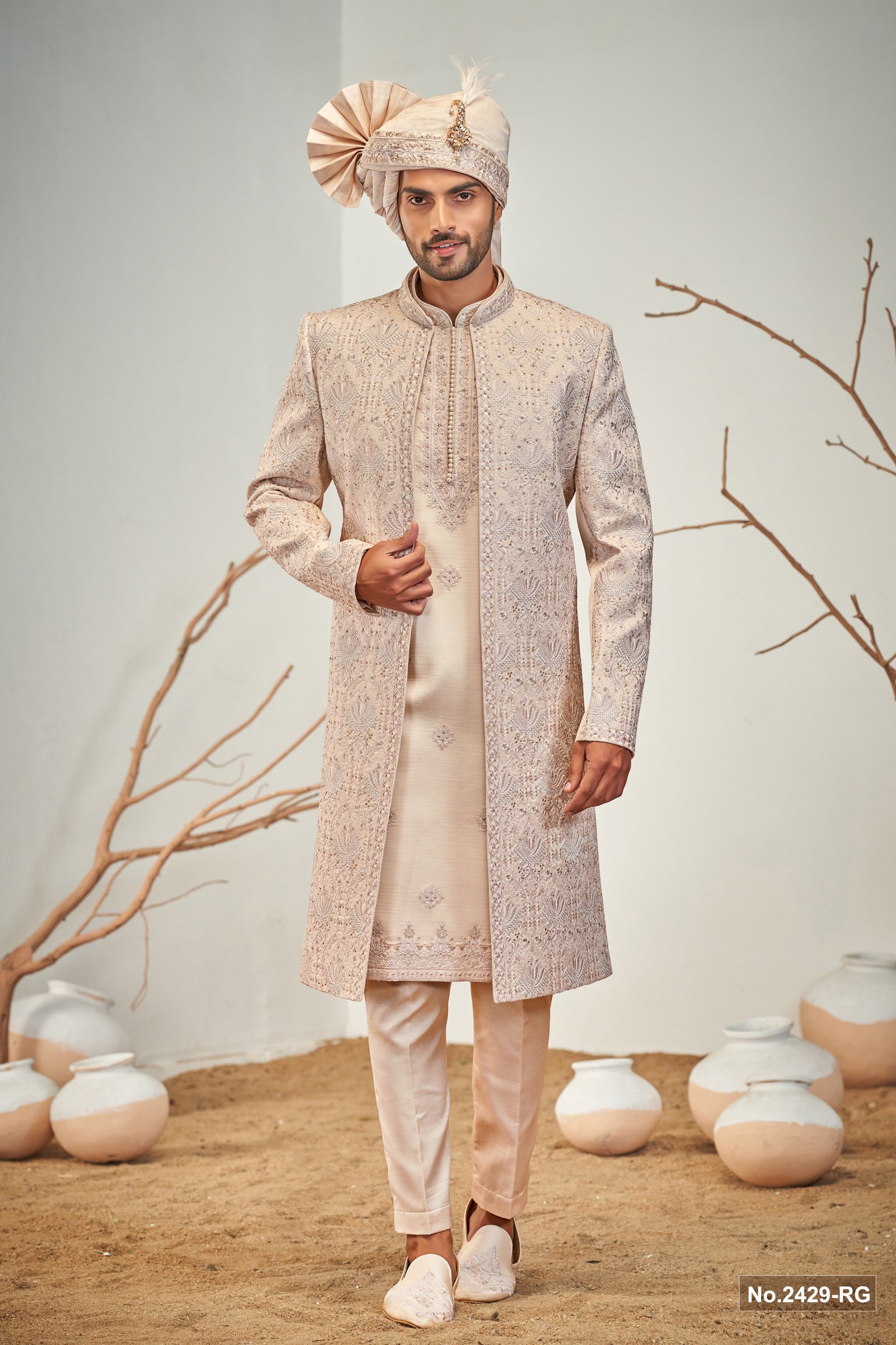 Designer Peach Stone Work Double Pattern Wedding Sherwani For Men