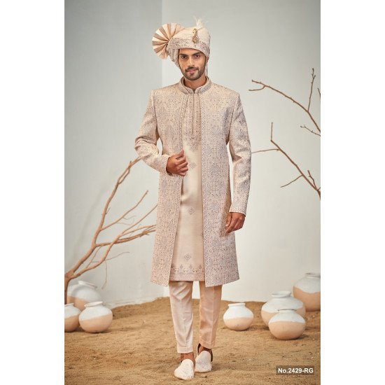 Designer Peach Stone Work Double Pattern Wedding Sherwani For Men