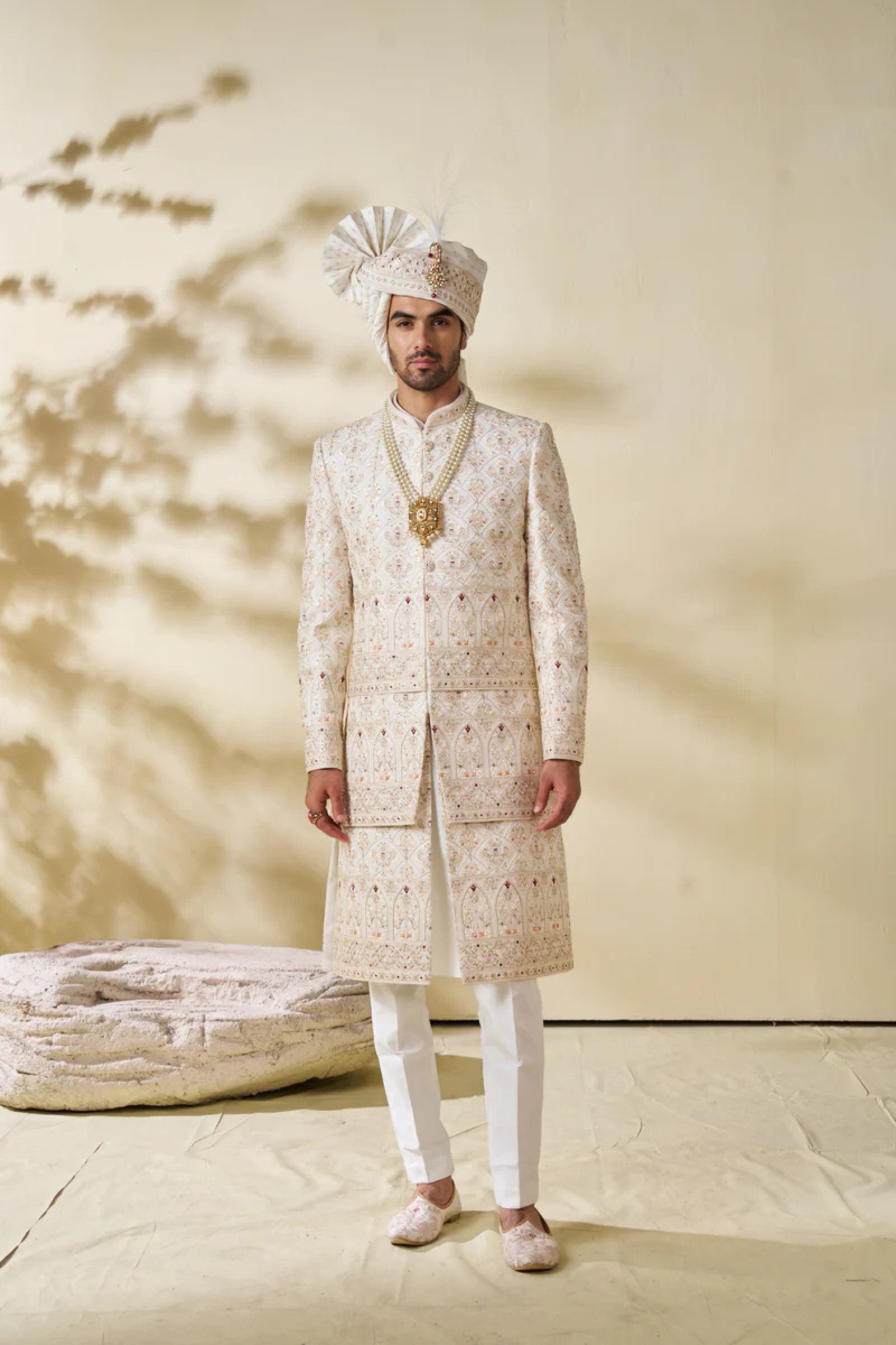 Designer White Double Pattern Wedding Sherwani