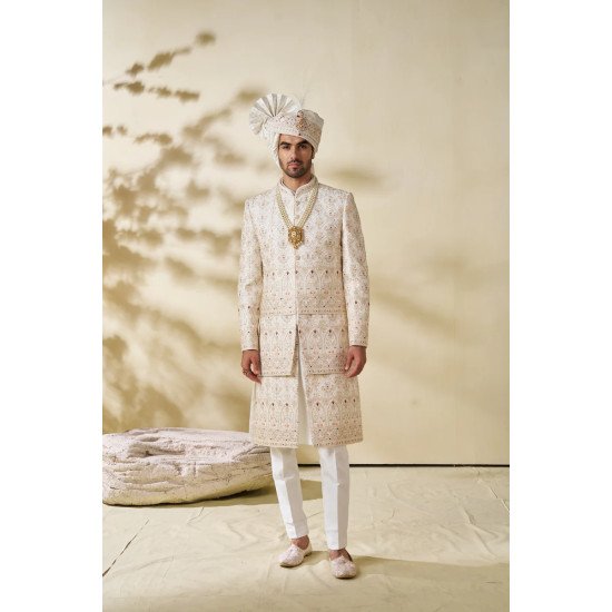 Designer White Embroidered & Stone Work Sherwani