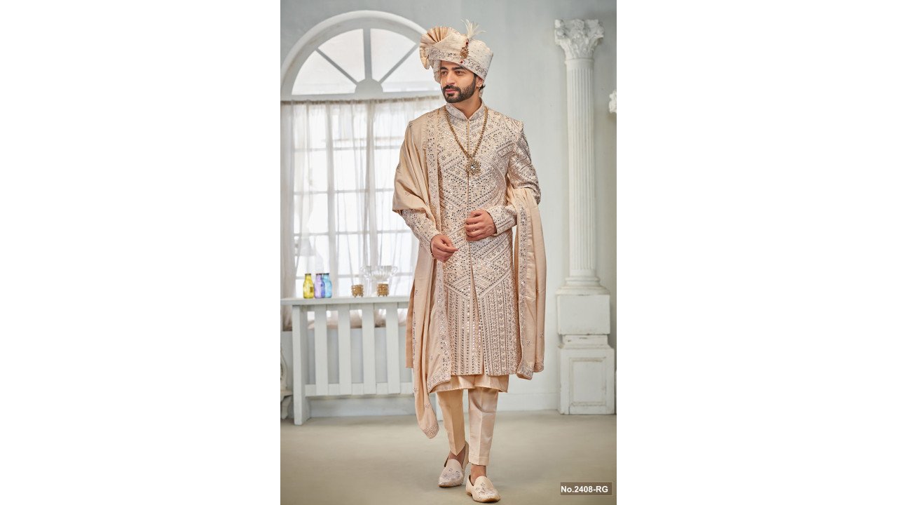 Designer  Peach Mirror Work Groom Sherwani 