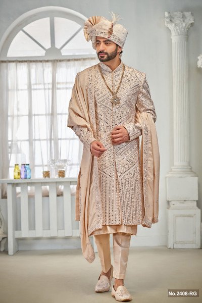 Designer  Peach Mirror Work Groom Sherwani 
