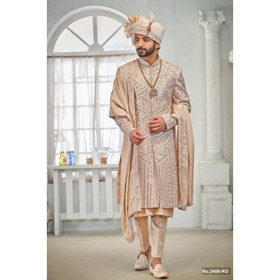 Designer Peach Mirror Work Groom Sherwani 