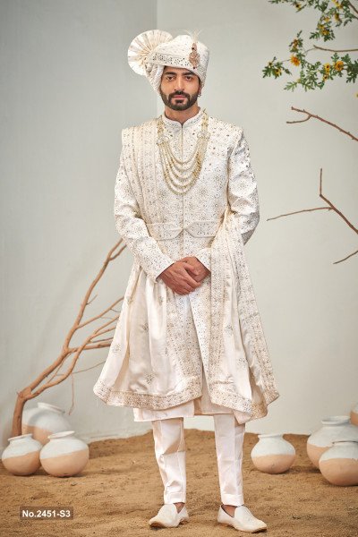 Designer Off White Belt Pattern Stone Work Sherwani For Groom